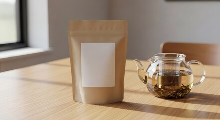 Blank Kraft Paper Pouch Mockup with Glass Teapot on Wooden Table