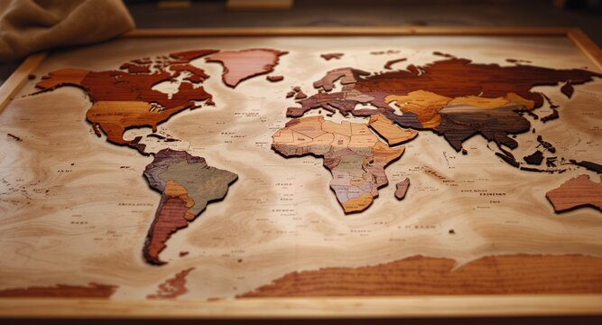 Intricately Handcrafted Wooden World Map, Detailed Global Geography Art Piece with Diverse Wood Tones Representing Continents and Countries, Ideal for Travel, Education, or Rustic Home Decor Aest