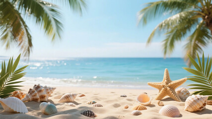 A beautiful beach scene featuring seashells, a starfish, palm trees, and clear blue water under a sunny sky.