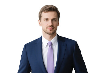 A professional man in a blue suit and purple tie stands confidently, representing a business - like and formal appearance.