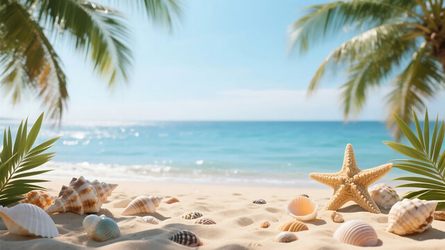 A beautiful beach scene featuring seashells, a starfish, palm trees, and clear blue water under a sunny sky.