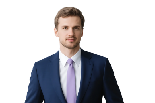 A professional man in a blue suit and purple tie stands confidently, representing a business - like and formal appearance.