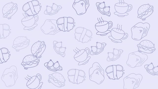 Food doodle pattern with handdrawn burgers, sushi, coffee, bread, and fruit illustrations. Perfect for menus, recipe cards, stationery, and websites.