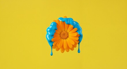 Calendula flower with blue paint on yellow background