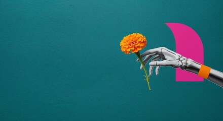 Modern collage of skeleton hand holding marigold flower
