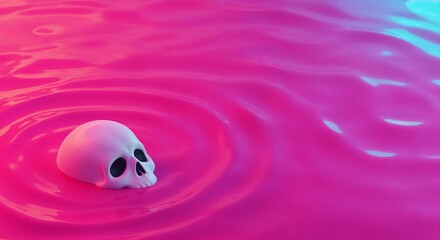 Minimal white skull in pink liquid with blue neon ripples