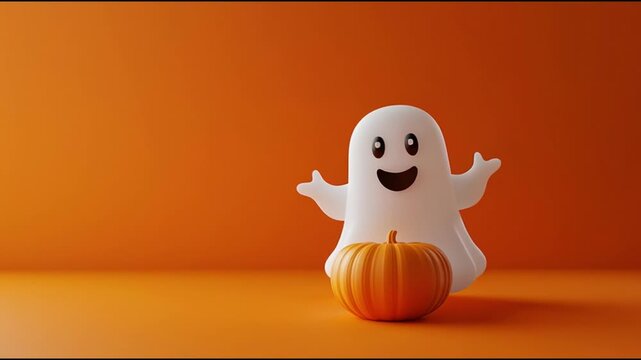 Cute ghost character adds fun to autumn decor with a smiling pumpkin in a bright orange setting