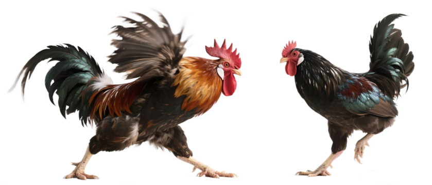 Two roosters with vibrant plumage are depicted in distinct postures, showcasing their colorful feathers and dynamic forms.