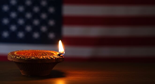 A solitary diya lamp glows softly on wooden surface, with the blurred stars and stripes of American flag providing respectful backdrop. copy space