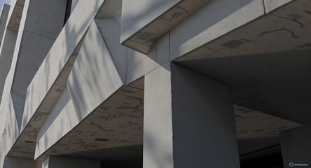 Fototapeta premium Modern concrete architecture detail with abstract geometric shapes, strong lines, and captivating light and shadow play. Textured gray surface creating a contemporary visual pattern for design an