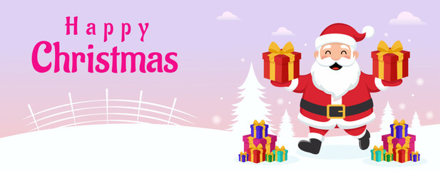 Happy Christmas Banner with Santa Claus Holding Gifts. Vibrant Happy Christmas banner featuring Santa Claus with presents and snow background. great for social media greetings, holiday ads.