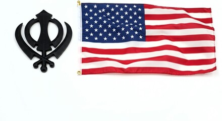 The Khanda symbol of Sikhism rests beside American flag, representing intersection faith and identity within United States.