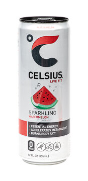 Tin can of Celsius brand  SPARKLING WATERMELON LEMONADE  zero-sugar fitness energy drink isolated on a transparent background. 
