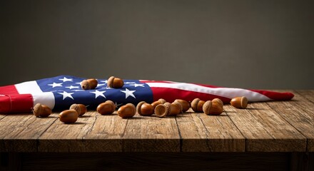 Naklejka premium On a weathered wooden table, draped American flag serves as backdrop for scattering of fallen acorns, evoking autumn imagery. copy space