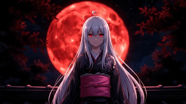 Anime girl with white hair and red eyes wearing a black kimono sits on a tiled roof under a large red moon at night
