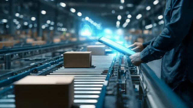 High tech distribution center features smart automation, digital monitoring, seamless package handling. Integration robotics, data analytics enhances productivity, accuracy in logistics