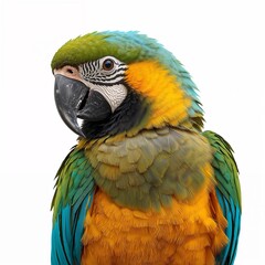 Parrot with colorful feathers isolated on pure white background