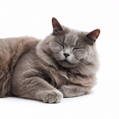 Gray cat lying down and relaxing isolated on white background