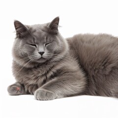 Gray cat lying down and relaxing isolated on white background