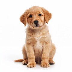 Golden retriever puppy sitting and looking at camera isolated on pure white background