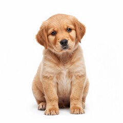 Golden retriever puppy sitting and looking at camera isolated on pure white background