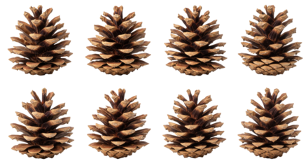 Eight realistic pine cones arranged in two rows on a white background.