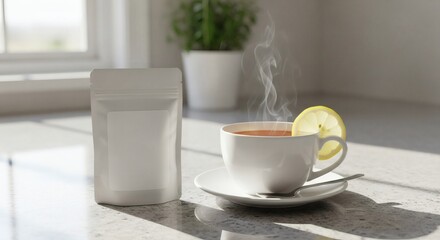 Blank White Pouch Mockup with Steaming Hot Tea and Lemon Slice