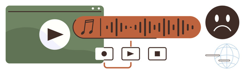 Media player window with play button, sound wave, controls, and sad face symbol. Ideal for audio streaming, user feedback, podcasting, UX, media design digital content simple flat metaphor