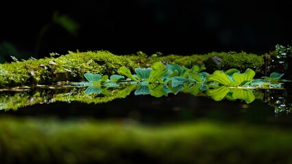 A symmetrical reflection of bright green leaves and thick moss on a tranquil water surface, evoking a dark and mystical forest atmosphere