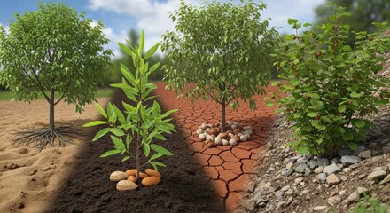 Dynamic medium shot of mixed nut tree types in varying soil conditions illustrating adaptability to different environmental challenges.