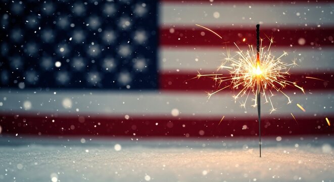 A sparkler blazes brightly in the falling snow, an American flag softly blurred background, offering celebration of patriotism amidst wintery scene. copy space