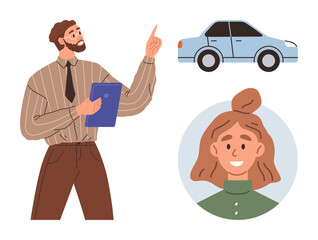 Man with a clipboard gesturing towards a car, smiling woman portrait in circular frame. Ideal for vehicle sales, customer relations, communication, mobility, car purchase, transportation, simple flat