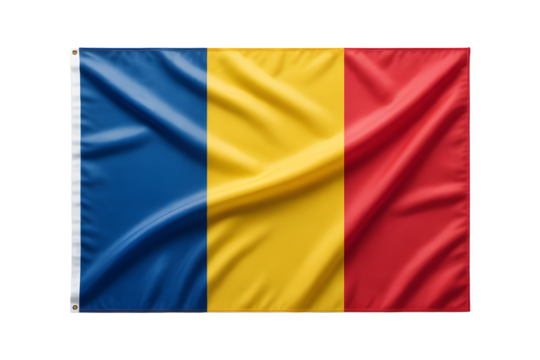 Dynamic and vibrant Romanian flag waving proudly, symbolizing national pride and cultural heritage with its bold colors