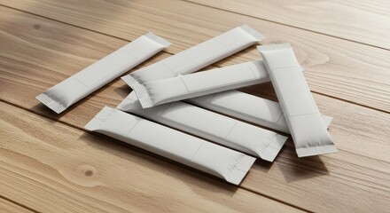 Pile of Blank White Stick Pack Sachets Mockup on Wooden Surface