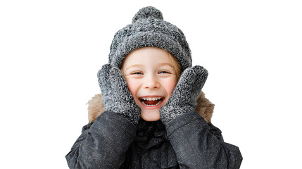 a small child in winter clothes laughs and smiles