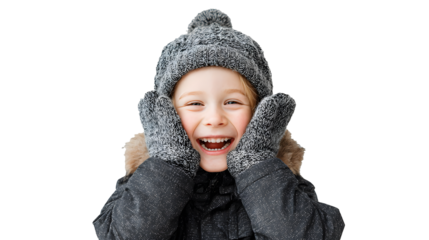 a small child in winter clothes laughs and smiles