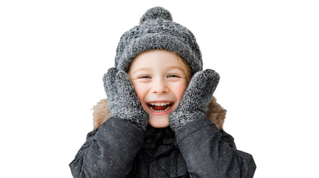 a small child in winter clothes laughs and smiles
