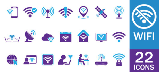 Set of Wifi & Wireless icons. internet, connection, signal, network, broadband, hotspot, router, antenna, satellite, and more. solid icons Vector Style on White Background