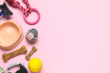 Composition with empty bowl and pet accessories on yellow background