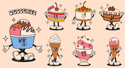 Set of groovy dessert characters. Flat vector illustration.