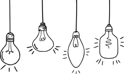 Hand-Drawn Doodle Light Bulbs Set Hanging with Different Shapes