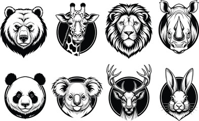 Wild animal heads, bear giraffe lion rhino panda koala deer rabbit, black and white sketch, circular icon vector set