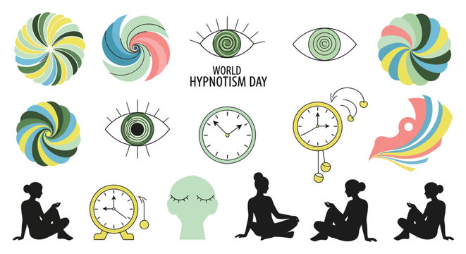 A collection of illustrations related to hypnotism, meditation, and altered states of mind, featuring spirals, eyes, clocks, and meditating figures.