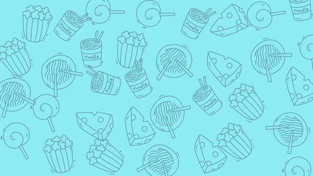 Food doodle seamless pattern with vibrant blue backdrop suitable for packaging, wrapping paper, textiles, and kitchen decor designs.