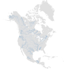 Vector map of major rivers in North America highlighting main stem and primary tributaries (LCC, scaled by river size, PPT-compatible, multi-layered & fully editable)