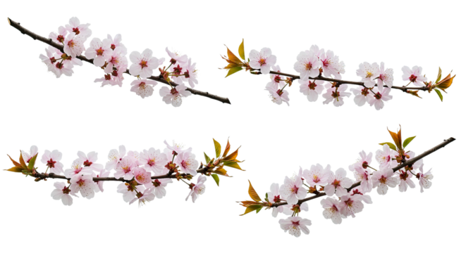 Four delicate cherry blossom branches with pink flowers and green leaves on white background.