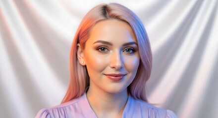 Fototapeta premium Smiling woman with pastel pink hair, light makeup, lilac blouse, isolated on satin white background