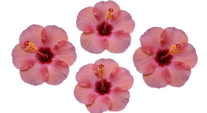 Four delicate pink hibiscus flowers arranged symmetrically on a white background.