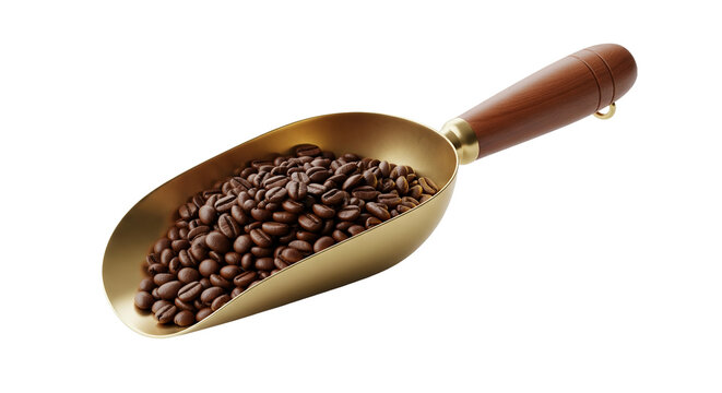 A scoop of roasted coffee beans in a golden measuring scoop with a wooden handle