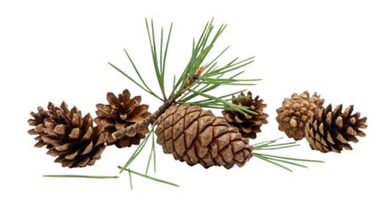 Group of Pine Cones and Pine Needles on White Background.